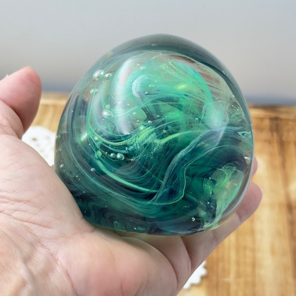 Round Art Glass Paperweight Green Teal Swirl Controlled Bubble Egg Orb 3" Decor - Picture 4 of 13
